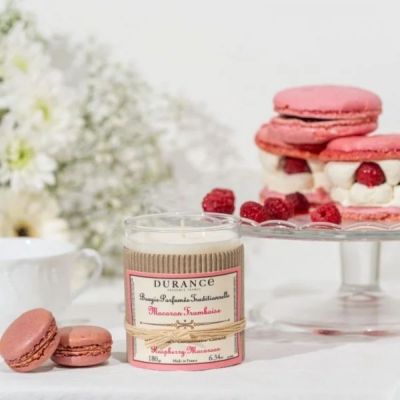 DURANCE CANDLE RASPBERRY MACAROON Handmade scented candle with glass hood