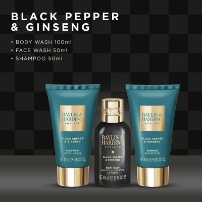 BAYLIS & HARDING Black Pepper & Ginseng Men's The Essentials Travel Wash Bag Gift Set Rinkinys vyrams